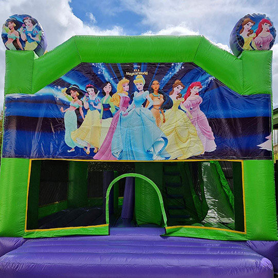 Outdoor jumping castle with disney princesses on it.